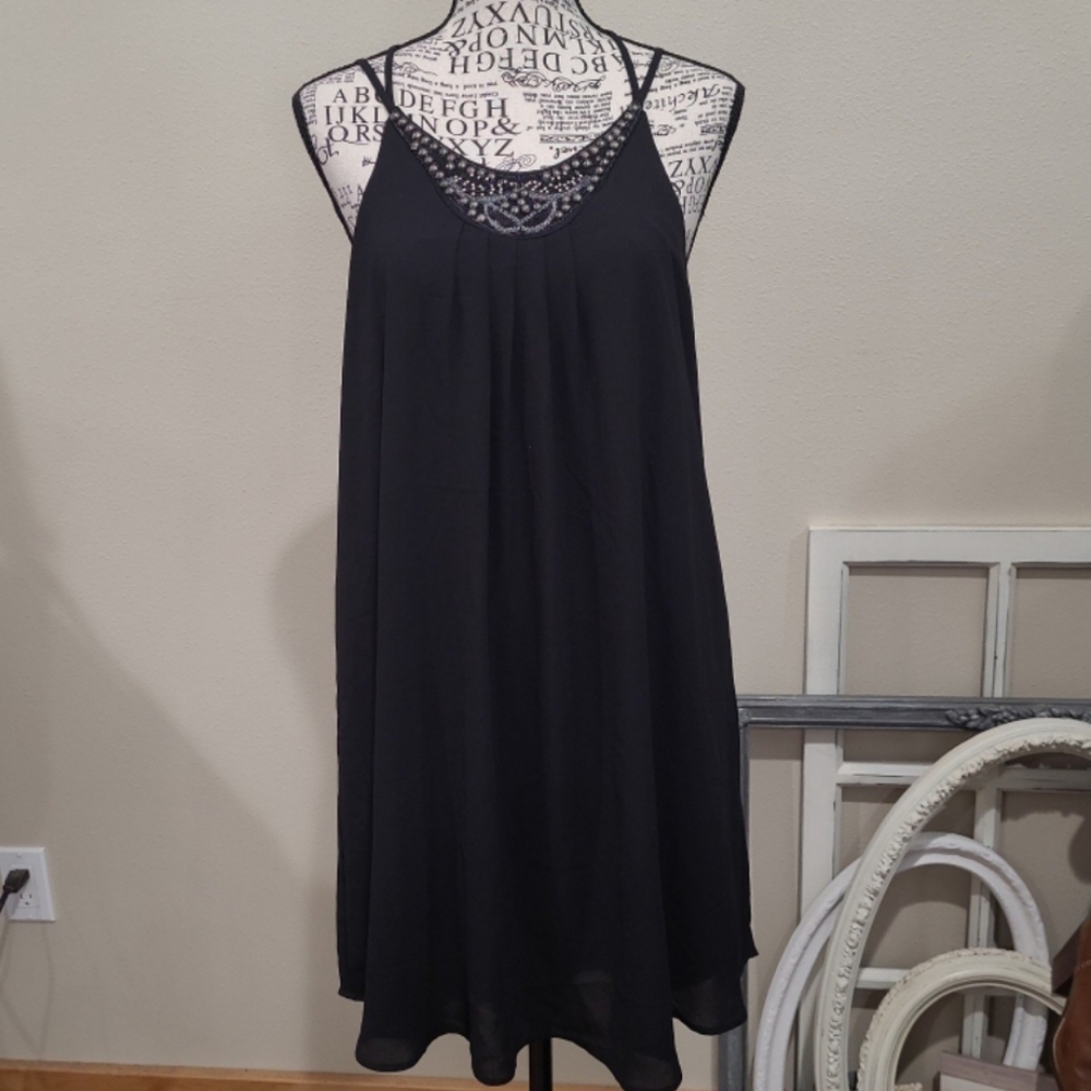 Astr the Label Women SZ med Little black strappy‎ dress w/bling sheer flowy NWT
